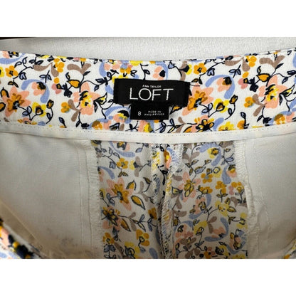 Loft Ann Taylor Short Sz 8 White with Multicolor Floral Print Pleated Flowy Zip