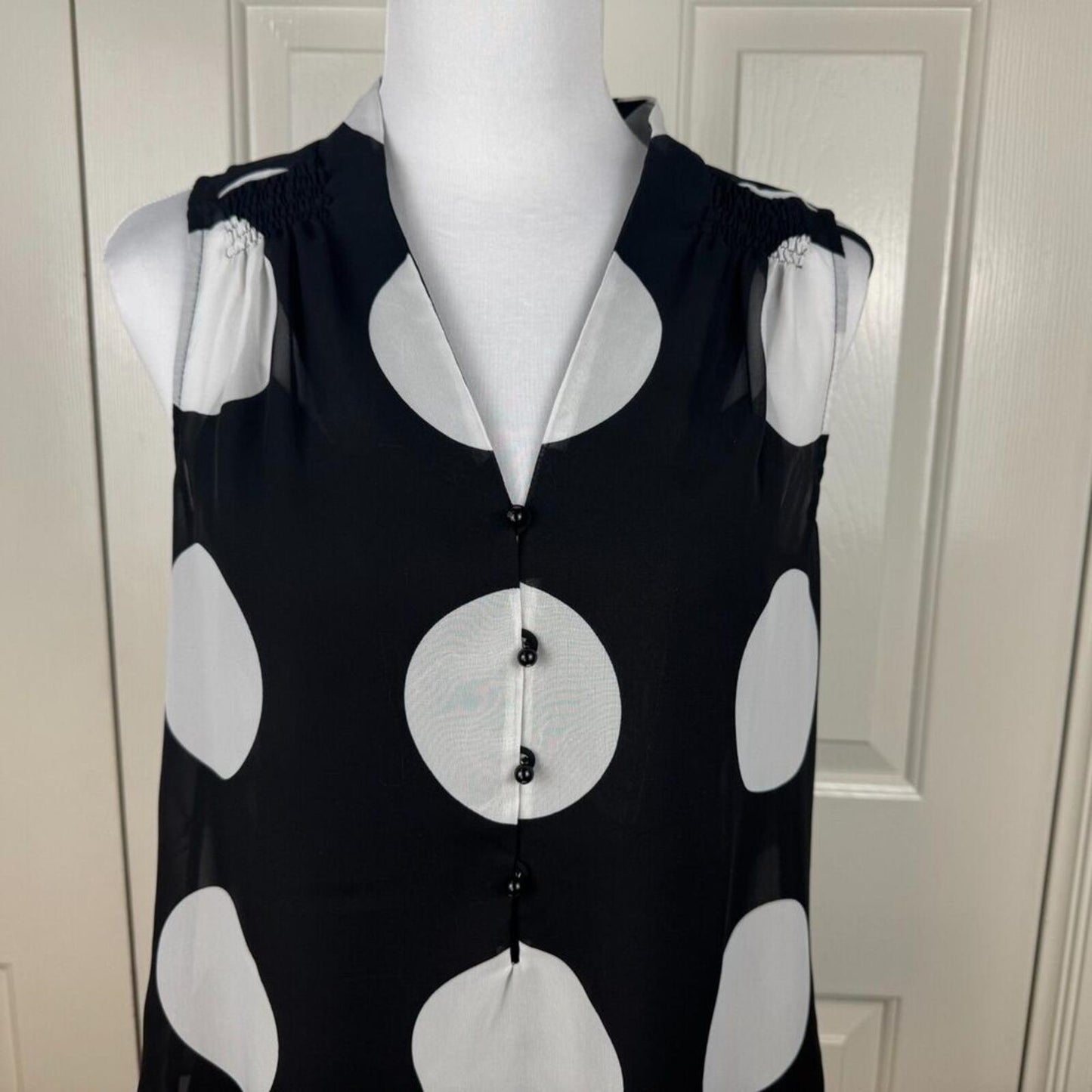 ECI Blouse Sz S Sheer Black White Large Polka Dot Front Buttons VNeck Sleeveless