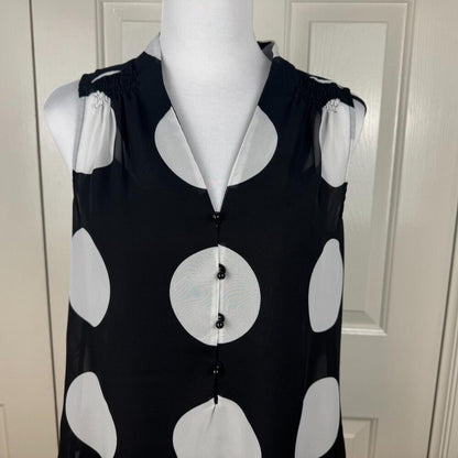 ECI Blouse Sz S Sheer Black White Large Polka Dot Front Buttons VNeck Sleeveless