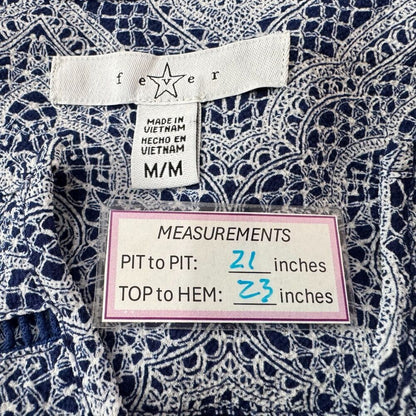 Fever Women Top Sz M Blue White Print Split Neck 3/4 Sleeve Ladder Trim