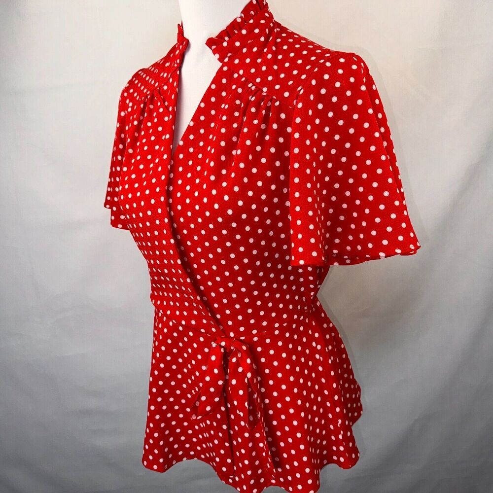 Monteau Top Sz M Fit and Flare Peplum Faux Wrap Red White Polka Dot