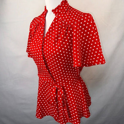 Monteau Top Sz M Fit and Flare Peplum Faux Wrap Red White Polka Dot
