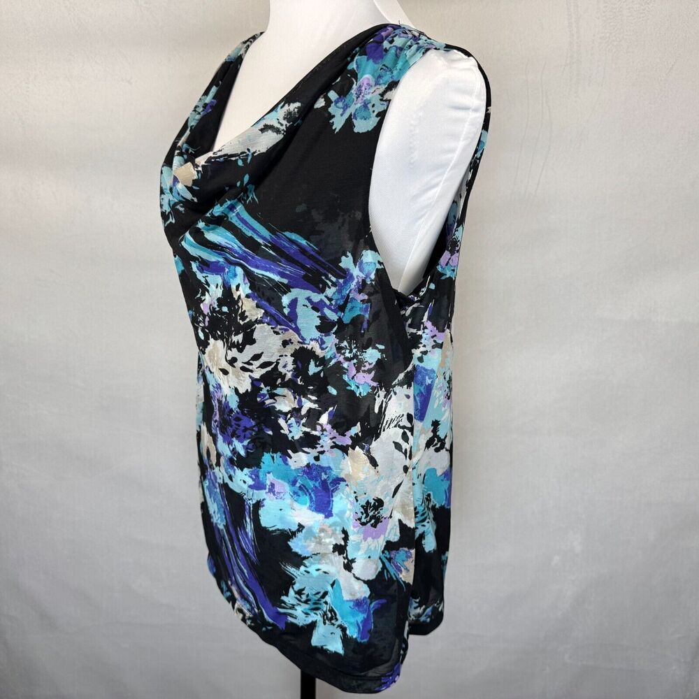 212 Collection Women Top Sz L Sleeveless Drape Neck Black Multicolor Print