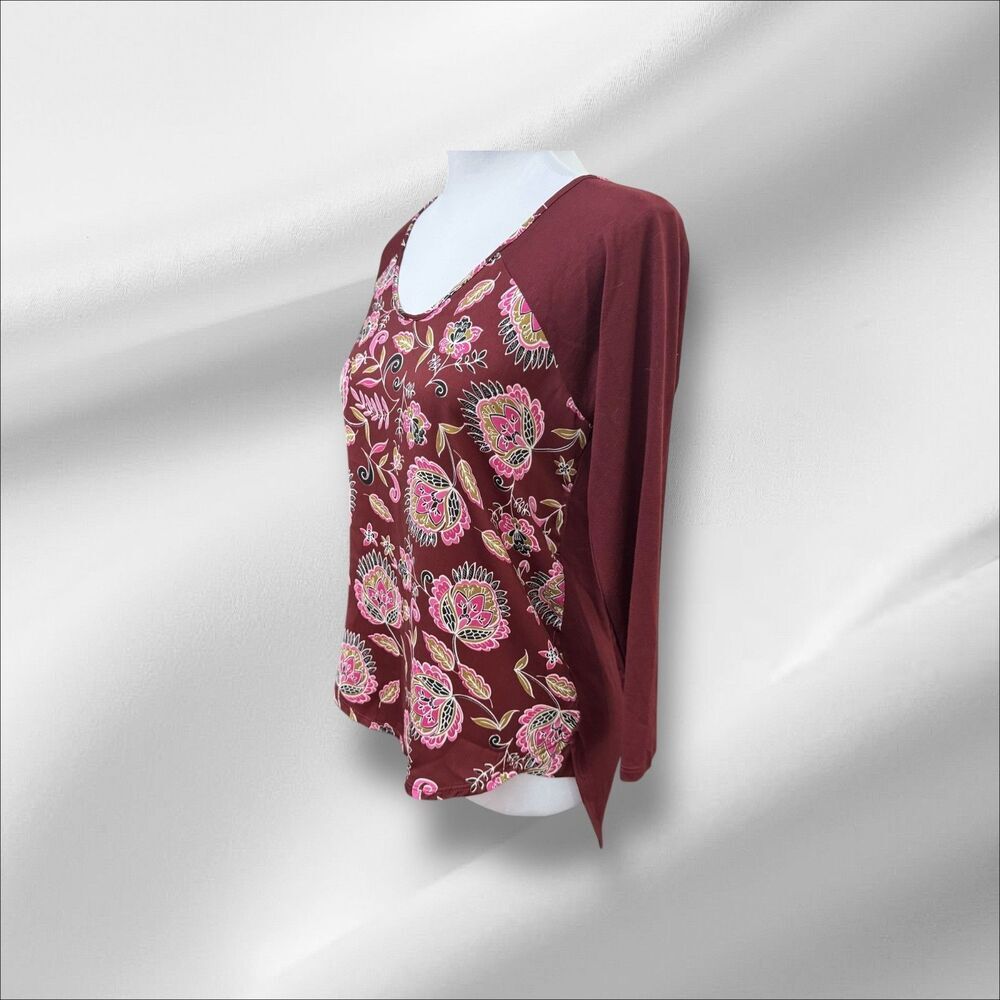The Limited Women Sz XS NWT Burgundy Long Sleeve Floral Satin Front Knit Back