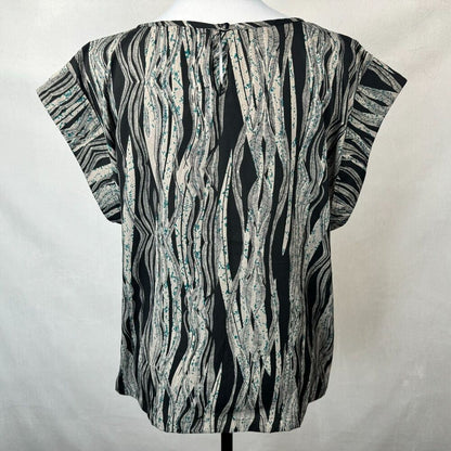 W118 by Walter Baker Top Sz L Black Gray Green Print Round Neck Cap Sleeve