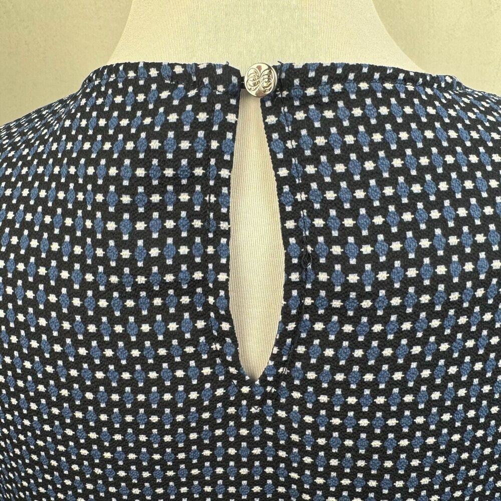 CeCe Ladies Top Sz XS Black Print Blue White Crew Neck Keyhole Tie Sleeve