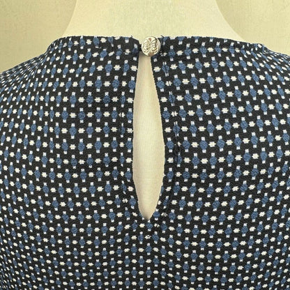 CeCe Ladies Top Sz XS Black Print Blue White Crew Neck Keyhole Tie Sleeve