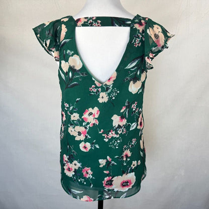 BWear Women Top Sz S Lined VNeck Front Ruffle Sleeveless Green Floral Multicolor