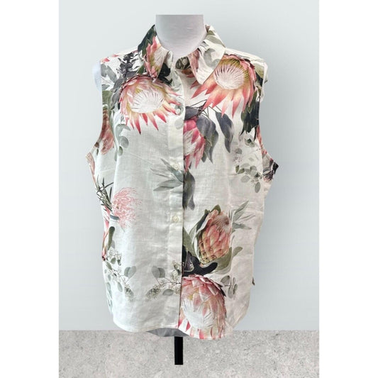 Express Shirt Sz L Ivory Floral Linen-Blend Sleeveless Button Dow Side Slits NWT