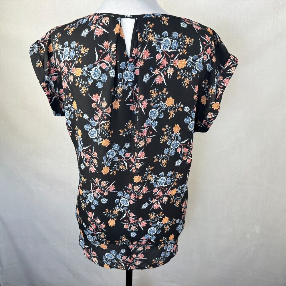 Pink Rose Women Blouse Sz M Sheer Black Floral Print Cap Sleeve Lightweight