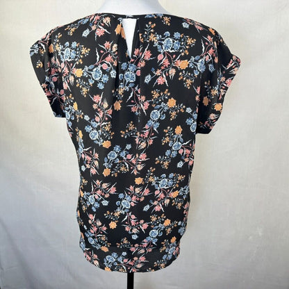 Pink Rose Women Blouse Sz M Sheer Black Floral Print Cap Sleeve Lightweight