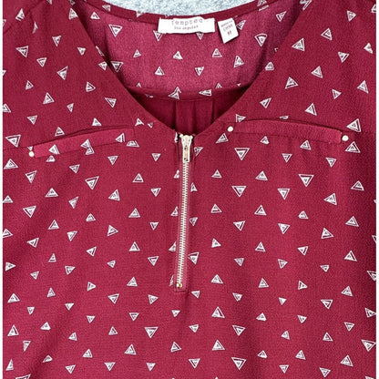 Tempted Los Angeles Women Blouse Burgundy with Gray Triangles V-Neck Zipper Sz M