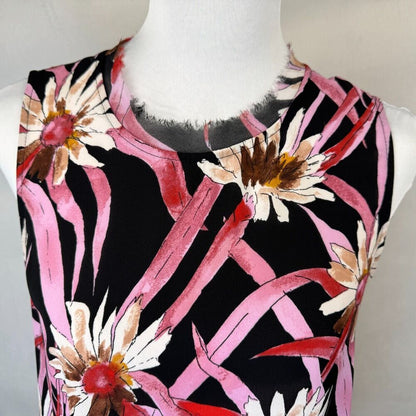 Who What Wear Ladies Top Sz S Black Floral Print Fringe Round Neckline and Hem