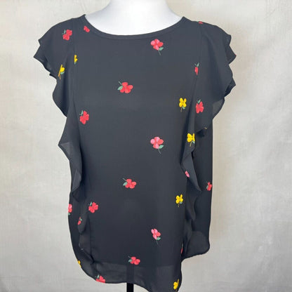 Loft Women Blouse Sz M Black Flower Print Boat Neck Ruffle Cap Sleeve