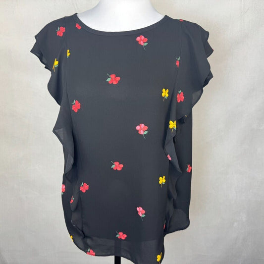 Loft Women Blouse Sz M Black Flower Print Boat Neck Ruffle Cap Sleeve
