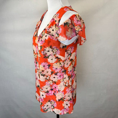 CAbi Blouse Sz XS Multicolor Red Floral V-Neck Cold Shoulder Sleeveless