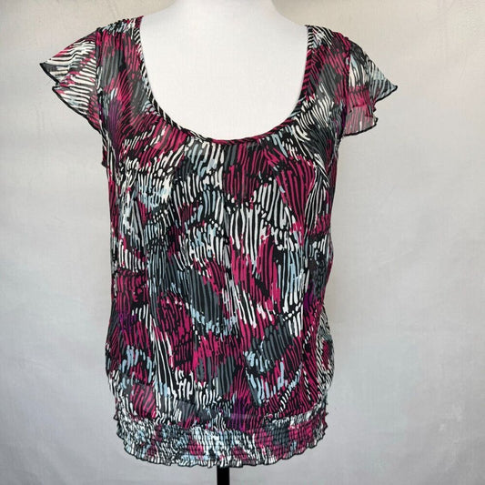 BCX Sheer Top Women Sz M Black with Fucsia White Print Over Cami Tank Ruched Hem