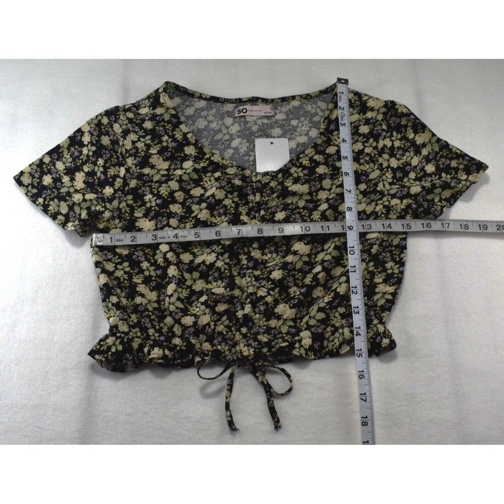 So Goods For Life Juniors Short Sleeve Crop Top V-Neck Floral Black Sz S NWT