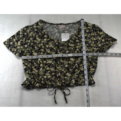 So Goods For Life Juniors Short Sleeve Crop Top V-Neck Floral Black Sz S NWT
