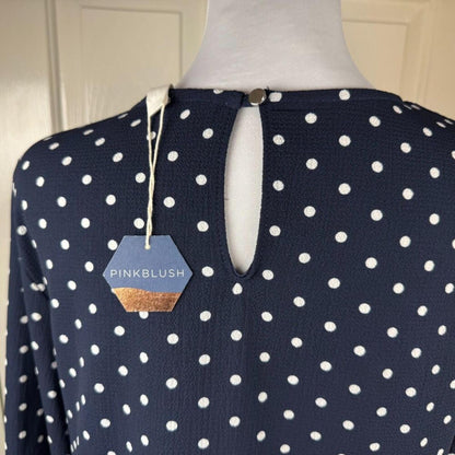 PinkBlush NWT Top Women Sz S Navy Polka Dot Crew Neck Long Slit Sleeve Bow Cuff
