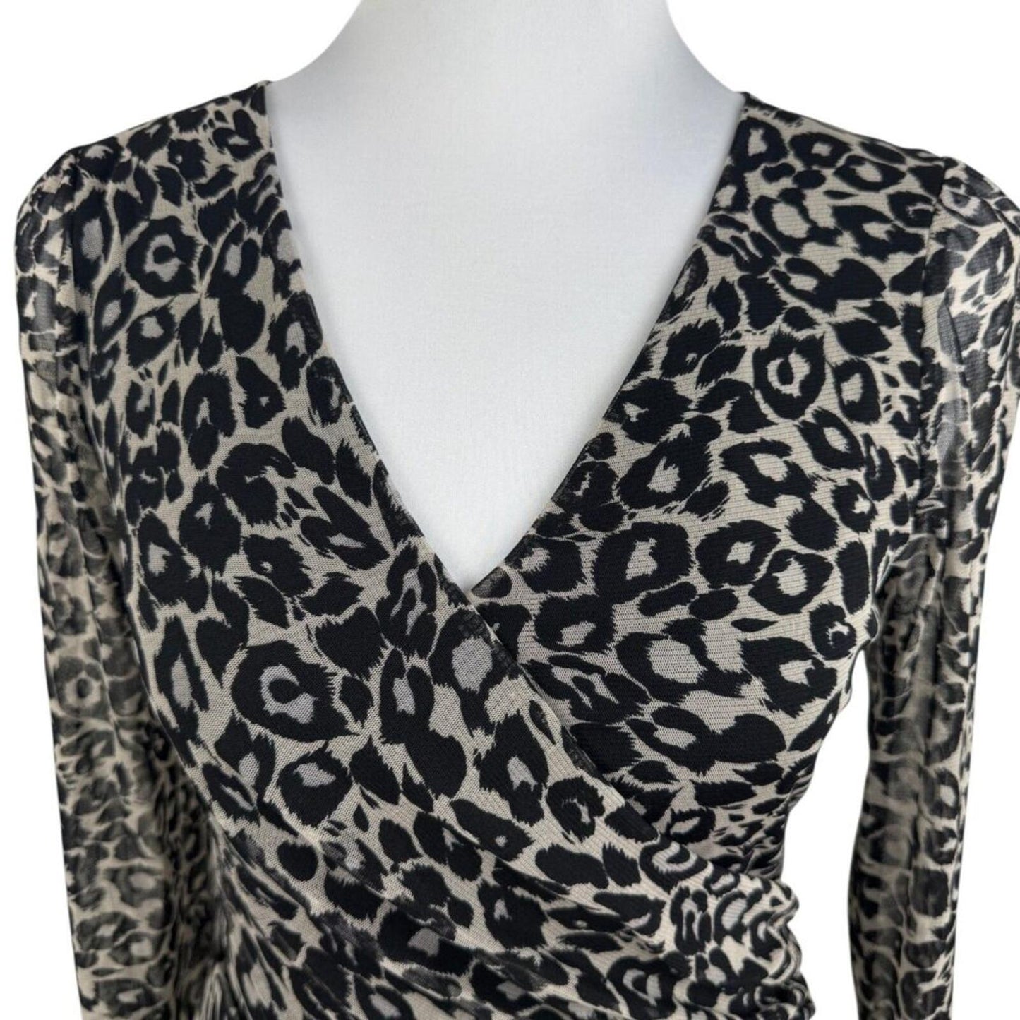 INC International Concepts Women M Top Ruched Mesh Animal Print Faux Wrap Neck