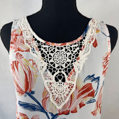 Lauren Conrad Women Sz S Ivory Tank Tunic Floral Print Crochet Neck Sleeveless