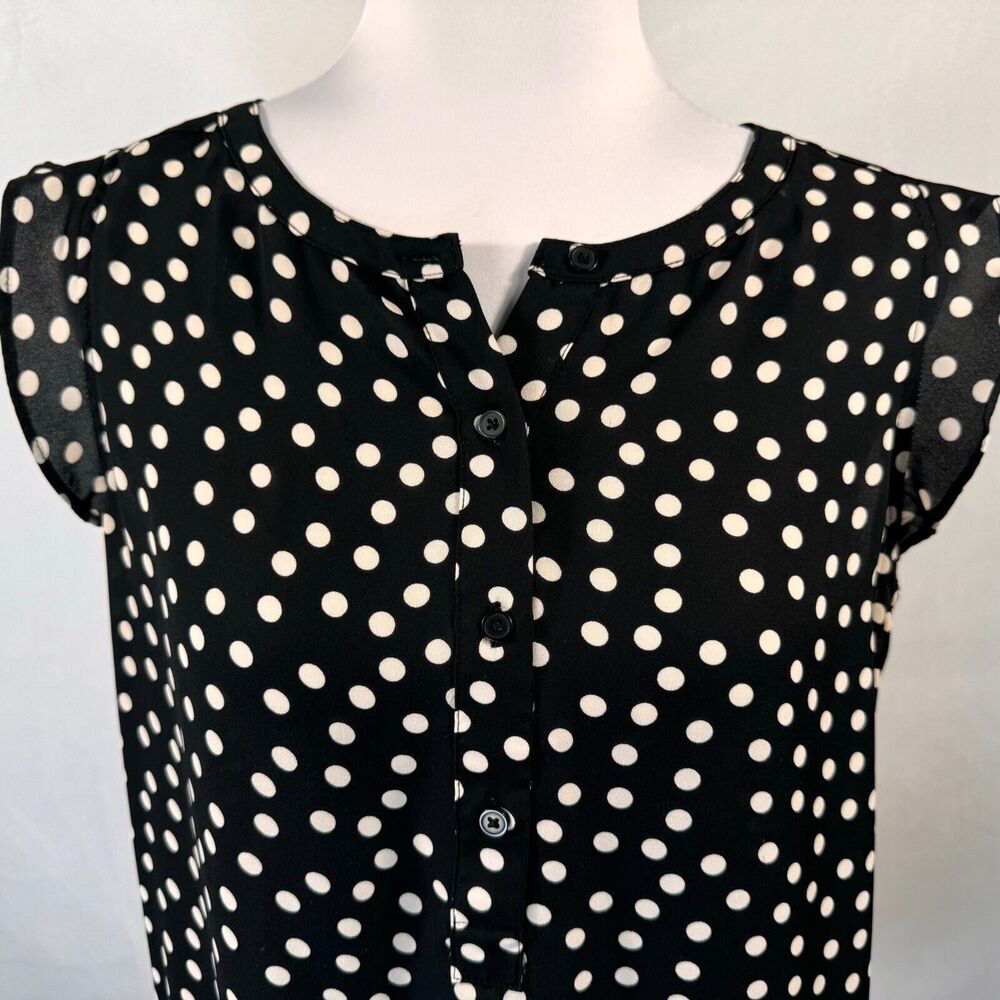 LOFT Womens Tank Top Sz M Black Polka Dot VNeck Henley Flowy Sleeveless