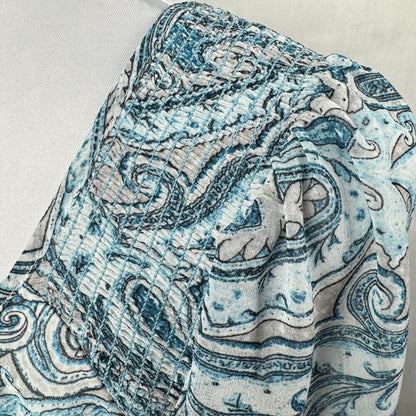 White House Black Market Blouse Sz S Blue Paisley Ruched shoulder Long Sleeve