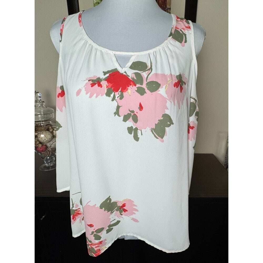 Candies Top Sz S Sheer Ivory Floral Round Neck Cut Out Cold Shoulder