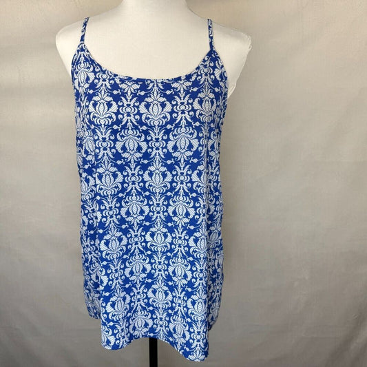Blue Rain Ladies Blouse Sz M Blue White Print Bow Back Round Neckline Sleeveless
