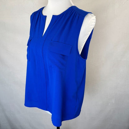 Monteau Women Blouse Sz L Blue Split Neck Pockets Sleeveless