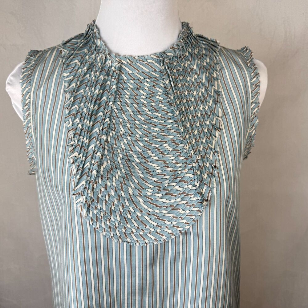 BCBGMaxAzria Top Sz S Crew Pleated Bib Style Neckline Striped Blue Brown Zipper