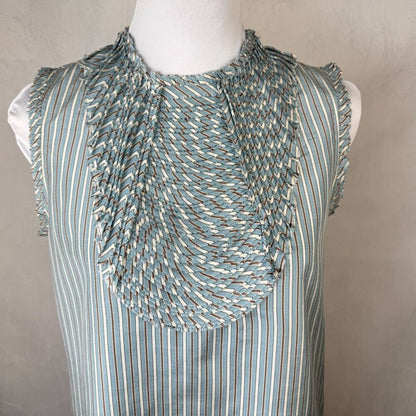 BCBGMaxAzria Top Sz S Crew Pleated Bib Style Neckline Striped Blue Brown Zipper