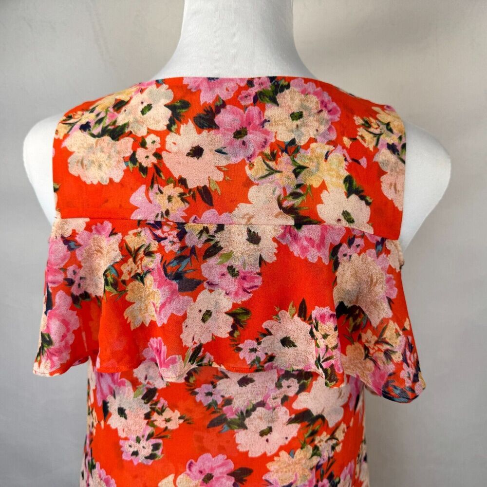 CAbi Blouse Sz XS Multicolor Red Floral V-Neck Cold Shoulder Sleeveless