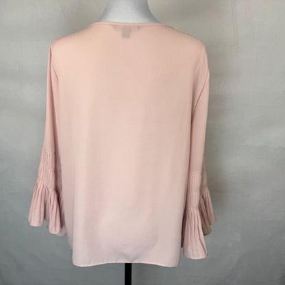 Zac & Rachel Blouse Sz L Dusty Pink Pleated Front Split Neck Flutter Sleeve