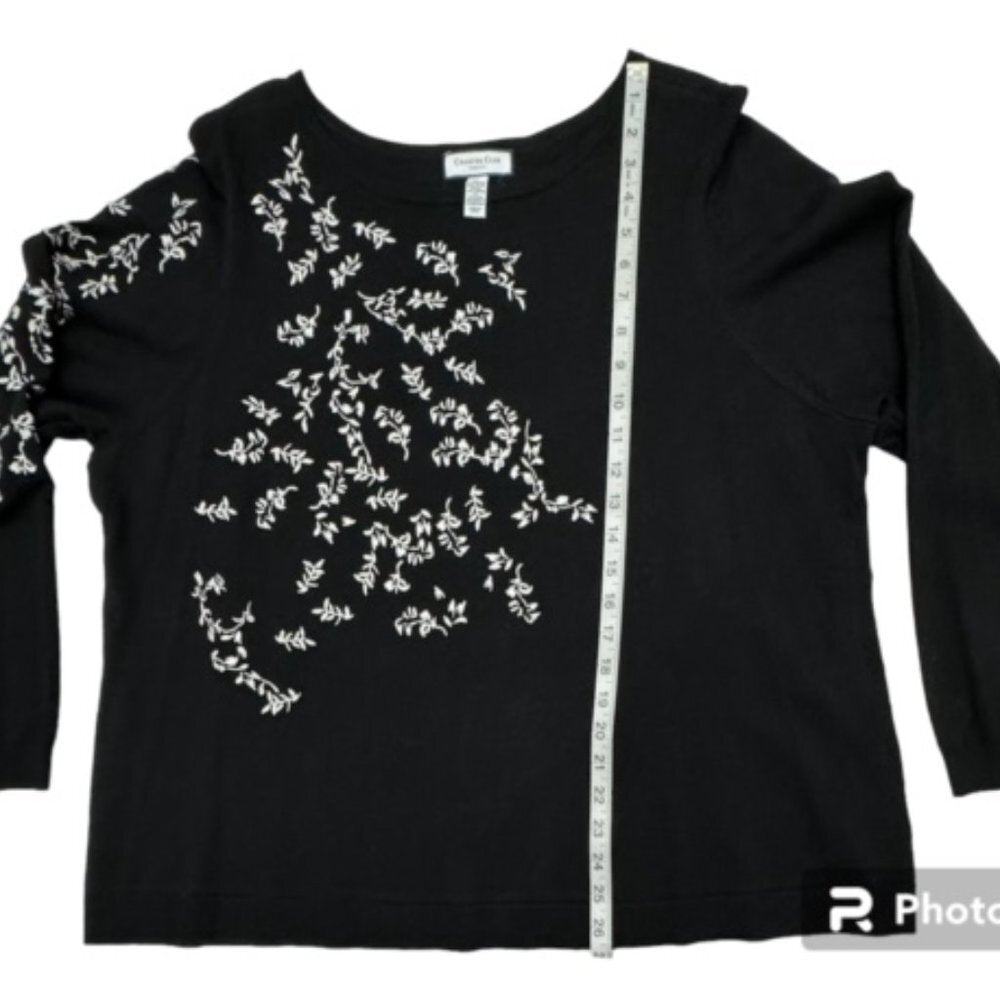 Charter Club Sz 3X Black Sweater White Embroidered Long Sleeves Boat Neck