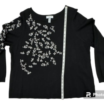 Charter Club Sz 3X Black Sweater White Embroidered Long Sleeves Boat Neck
