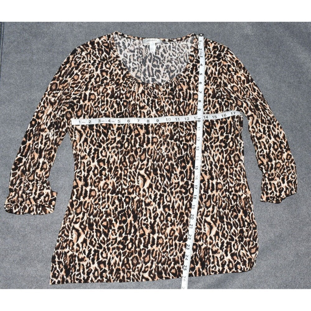 Dressbarn Animal Print 3/4 Sleeve 1/2 Button Stretch Brown - Size Large
