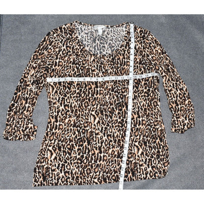 Dressbarn Animal Print 3/4 Sleeve 1/2 Button Stretch Brown - Size Large