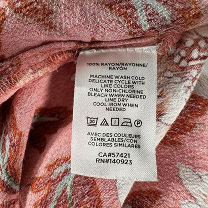 LOFT Blouse Sz S Pink Rayon Floral Print Round neckline Ruched Short Sleeve