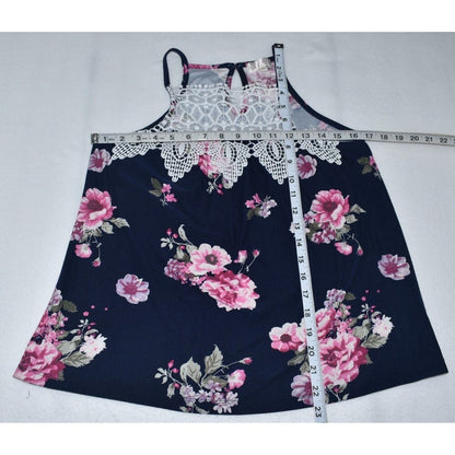 Stella Tweed Top Sz S Floral Print White Lace Crochet Spaghetti Straps