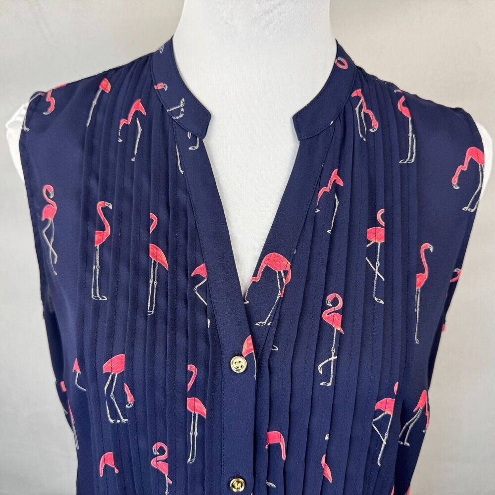 Charter Club Top Sz M Blue Pink Print Split Neck Pleated Button Up Sleeveless