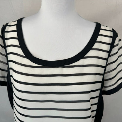 American Eagle Sheer Sz L Black White Striped Round Neck Back Accent Buttons