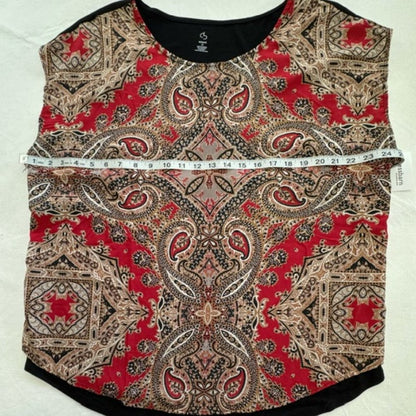 Dressbarn Women Top Sz 1X Black Back Front Red Beige Paisley Print NWT