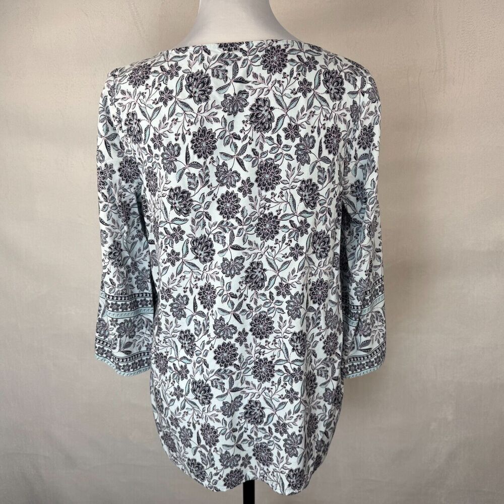 J Jill Tunic Women Sz S Blue Floral Pintuck Long Sleeve Boat Neck Prairie