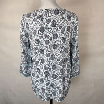 J Jill Tunic Women Sz S Blue Floral Pintuck Long Sleeve Boat Neck Prairie