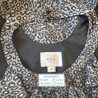 ECI  Top Sz 10 Gray Black Halter Ruffle Front Sleeveless Open Back Animal Print