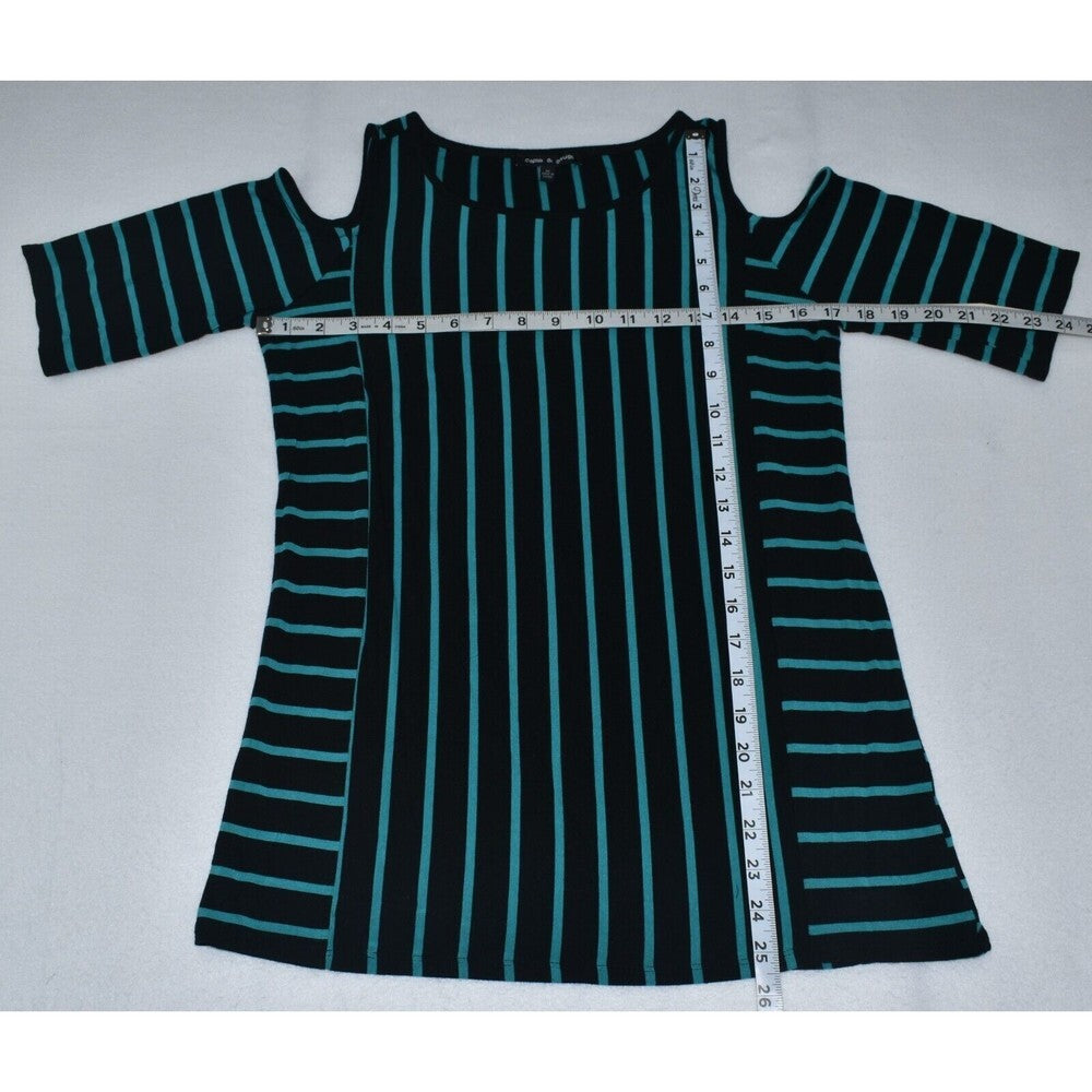 Cable & Gauge Top Sz M Striped Black Green Open Shoulder Knit