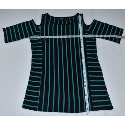 Cable & Gauge Top Sz M Striped Black Green Open Shoulder Knit