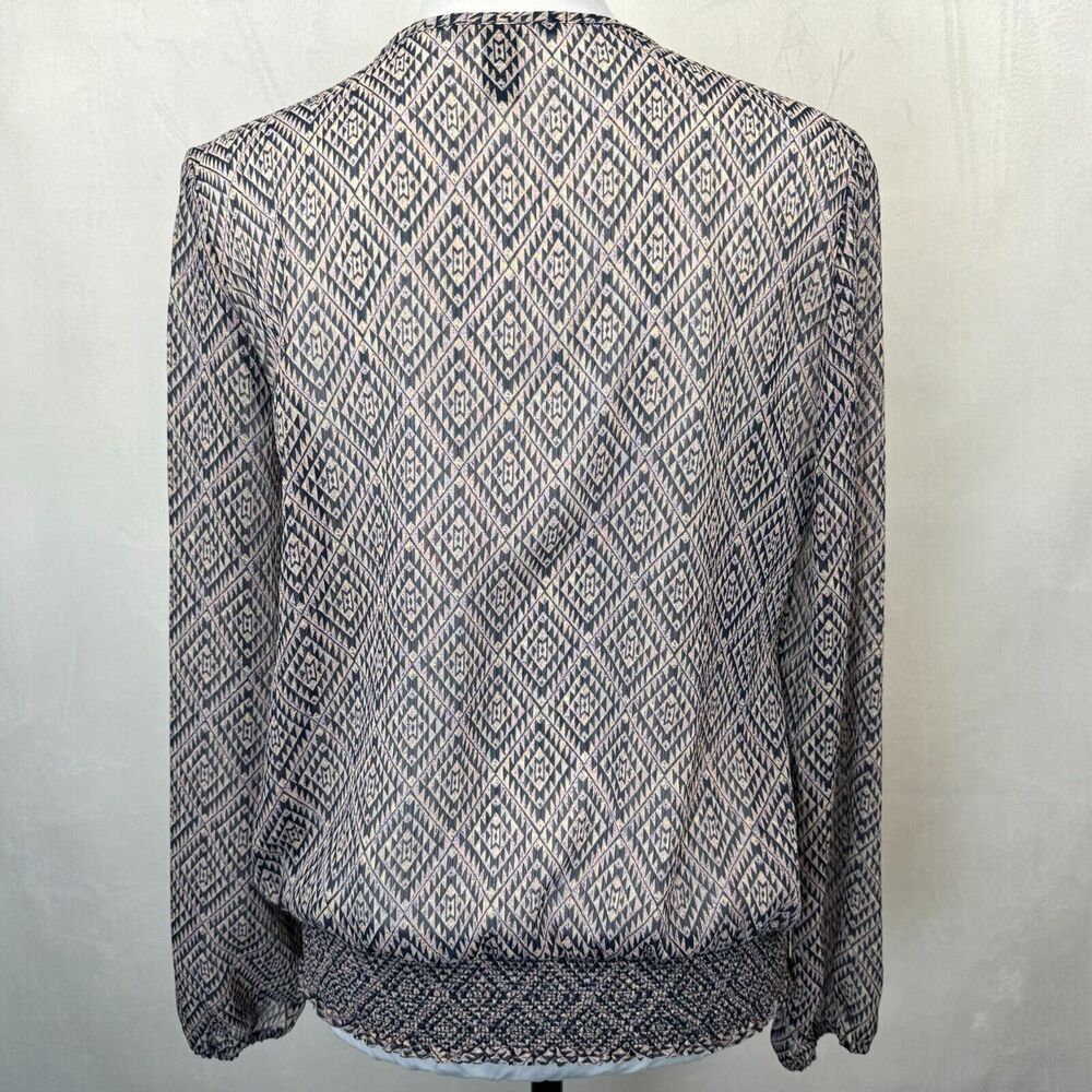 Forever 21 Sheer Top Sz S Multicolor Split Neckline Elastic Waist Long Sleeve